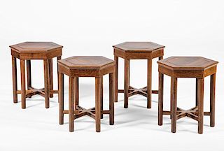 Set of Four Modern Chinese Hardwood Hexagonal-Top Low Tables