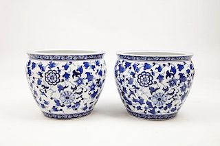 Pair of Chinese Blue and White Porcelain Jardinières