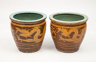 Pair of Chinese Brown-Glazed Pottery Jardinières