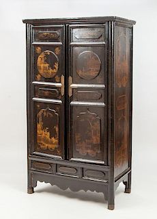 Chinese Carved Black Lacquer and Parcel-Gilt Cabinet