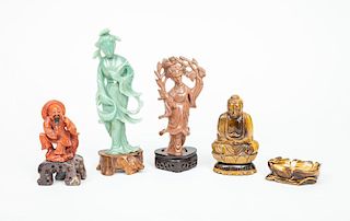Chinese Carved Jade Figure of Kwan Yin, a Speckled Stone Figure of Kwan Yin, a Cat's Eye Figure of Buddha, and a Lotus-Form Washer