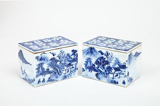 Pair of Chinese Blue and White Porcelain Boxes and Covers