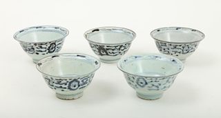 Group of Five Chinese Blue and White Swatow Rice Bowls