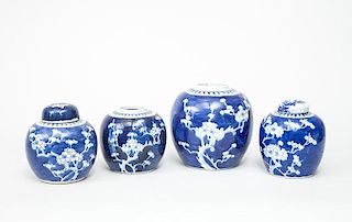 Four Chinese Porcelain Blue and White Hawthorn Ginger Jars and Two Associated Covers