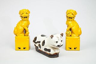 Pair of Chinese Yellow-Glazed Pottery Fu Dogs and a Cat-Form Pottery Pillow