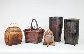 Four Brown Stained Wicker Baskets and Covers