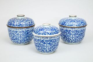 Three Similar Chinese Blue and White Jars and Covers
