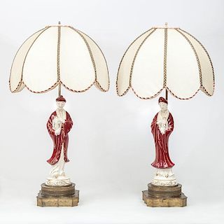 Pair of Chinoiserie Pottery Figural Lamps