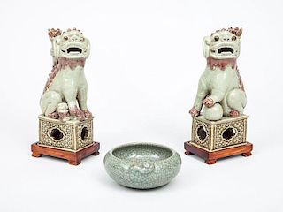 Pair of Chinese Porcelain Celadon Fu Dog-Form Candlesticks