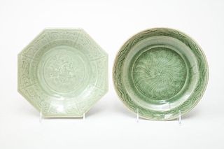 Two Chinese Incised Celadon-Glazed Plates