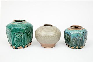 Two Chinese Turquoise-Glazed Pottery Hexagonal Jars and an Incised Celadon-Glazed Spherical Jar