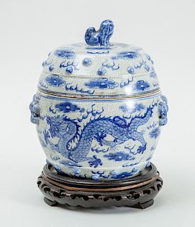 Chinese Blue and White Porcelain Barrel-Form Container and Cover, Containing a Teapot Ensuite