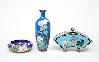 Chinese Cloisonné Fan-Shape Vase and Cover, a Chinese Spherical Bowl, and a Japanese Cloisonné Vase