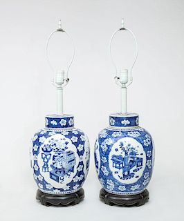Pair of Chinese Blue and White Porcelain Ovoid Vases and Covers, Now Mounted as Lamps