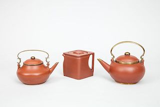 Two Modern Chinese Gilt-Metal-Mounted Red Pottery Spherical Teapots and a Cube-Form Teapot