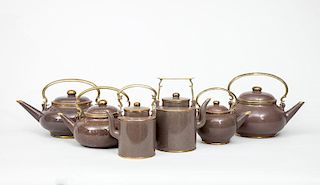 Six Modern Chinese Gilt-Metal-Mounted Brown-Glazed Pottery Teapots