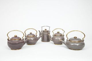 Five Modern Chinese Gilt-Metal-Mounted Pottery Teapots