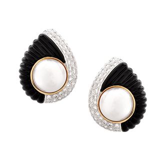Diamond, Pearl, Onyx and 18K Earrings