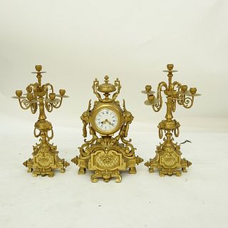 19C French Louis XVI Style Gilt Bronze Clock Set