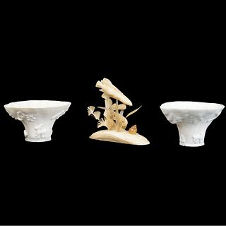 3 Chinese Tableware Libation Cups, Horn Figurine.