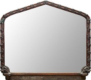 Large English Gothic Carved Oak Overmantle Mirror