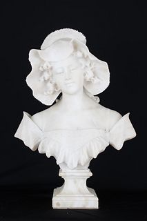 Antique Carved Alabaster Bust of a Woman, Signed