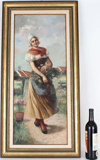 19th C. European Painting of Woman w/ Flowers