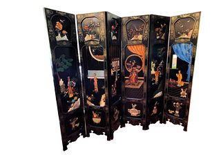 Six-Panel Chinese Lacquered and Jade Hardstone Screen