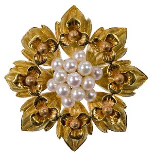 Italian 18k Yellow Gold and Cultured Pearl Brooch