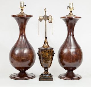 Pair of Turned Wood Pear-Form Lamps and a Faux Bois Tole Urn-Form Lamp