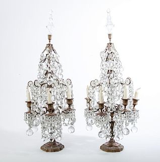 Pair of Louis XV Style Cut-Glass-Mounted Gilt-Metal Six-Light Candelabra, Mounted as Lamps