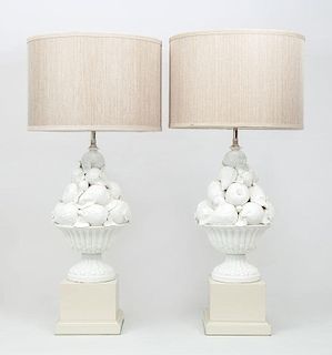 Pair of Fredrick Cooper Blanc de Chine Fruit and Vegetable Lamps, on Block-Form Pedestals