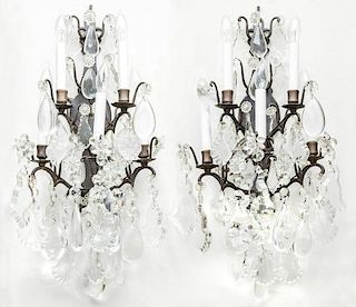 Pair of Louis XV Style Cut-Glass and Metal Four-Light Sconces
