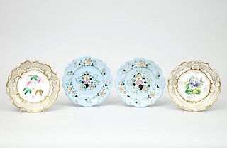 Pair of English Porcelain Botanical Plates and a Pair of Earthenware Sky-Blue Ground Plates