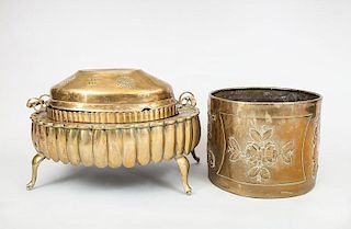 Near Eastern Copper Brazier and Cover and a European Repoussé Brass Cylindrical Log Bucket
