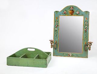 Queen Anne Style Green-Painted Wood Breakarch Mirror and a Cutlery Tray and a Pair of Wall Brackets