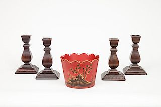 Set of Four Baroque Style Stained Wood Candlesticks and a Red-Ground Tôle Peinte Jardinière