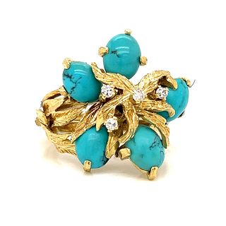 Retro 18k Flower Turquoise Diamond Ring