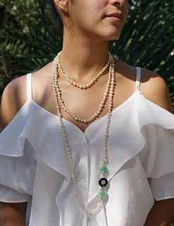 Art Deco Pearl, Jade, & Onyx Long Necklace Â 
