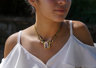 18k Agate Pendant Cuban Link Necklace