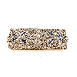 Art Deco 18k Platinum Diamond Sapphire Brooch