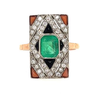 18k Platinum Emerald Diamond Onyx Coral Ring