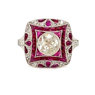 Art Deco Platinum Diamond Ruby RingÂ 