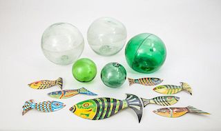 Eight Portuguese Cut and Painted Tin Fish 'Atelier Albino d'Obidos' and Five Glass Floats