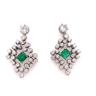 Platinum Art Deco Emerald Diamond Earrings