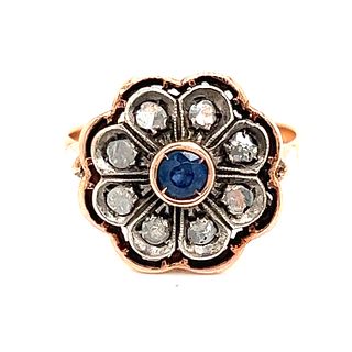 Georgian 14k Diamond Sapphire Flower Ring