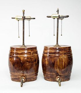 Pair of Faux Bois Pottery Barrel-Form Liquor Dispensers, Mounted as Lamps