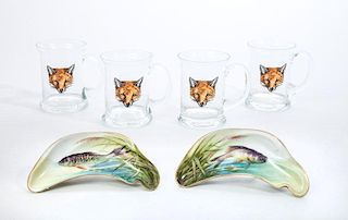 Pair of Four Glass Mugs Enamel-Painted with Fox Heads and Two Crescent-Shape Bone Plates