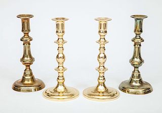 Pair of English Brass Candlesticks and a Pair of Brass Reproduction Candlesticks