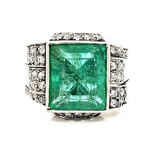 Platinum Art Deco Asymmetric Emerald Diamond Ring